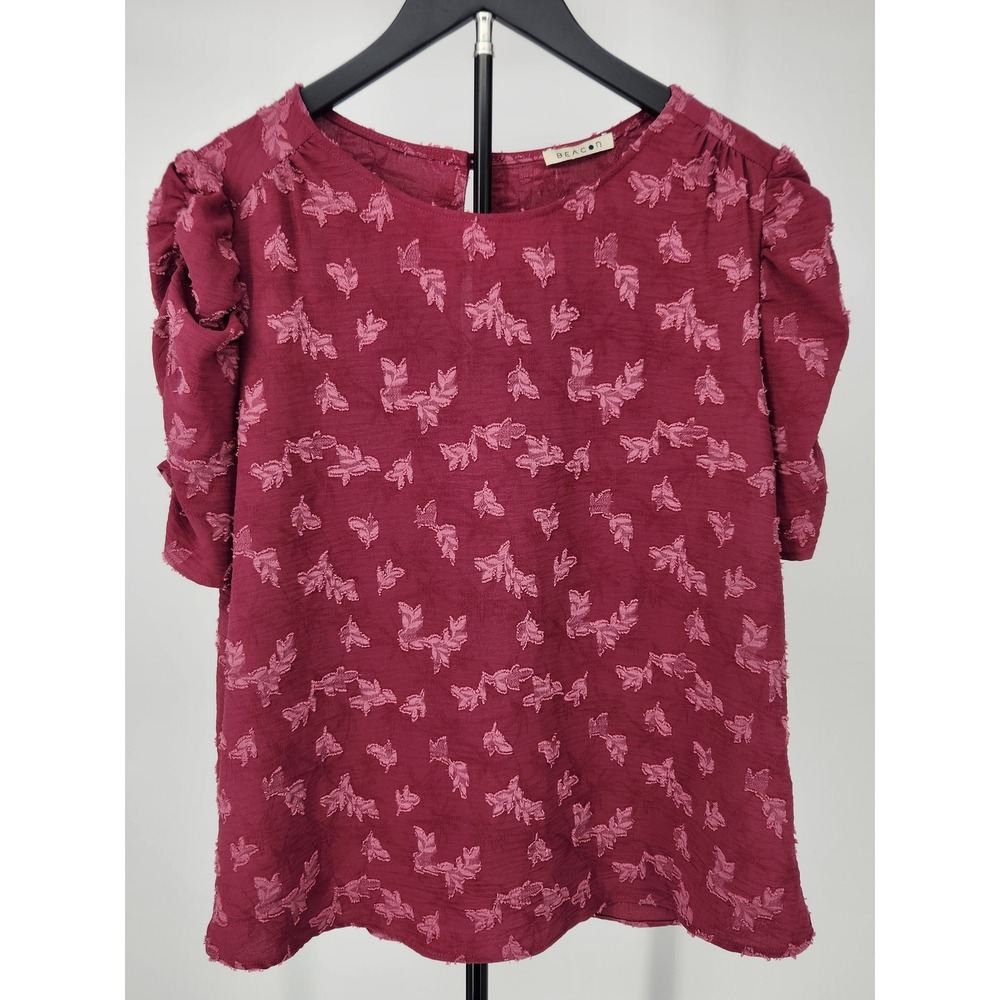Beacon Womens Burgundy Textured Clip Dot Puff Sleeve Blouse Top Large TU42226-B